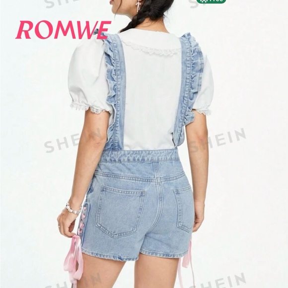 Jean overall with ruffle and bow details - Picture 2 of 2